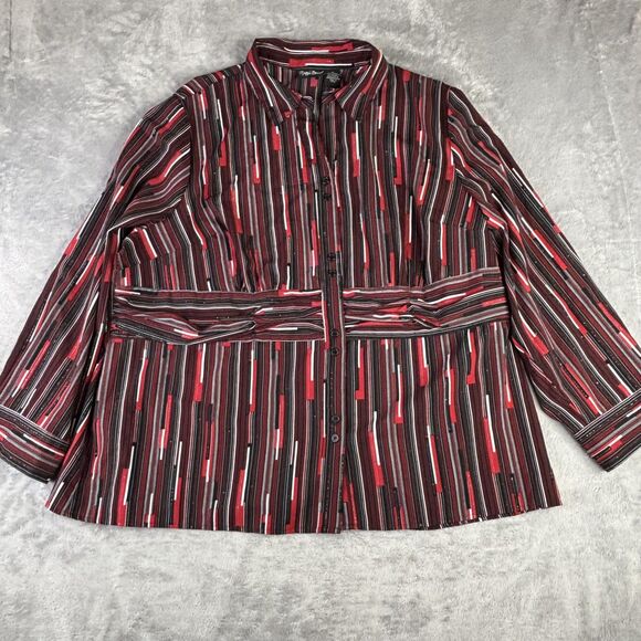 Maggie Barnes Shirt Womens 2X Black Red Stripe Button Front Long Sleeve Blouse - Picture 1 of 11